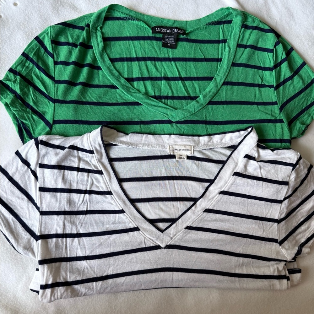 Striped V-Neck T-Shirts - Green and White